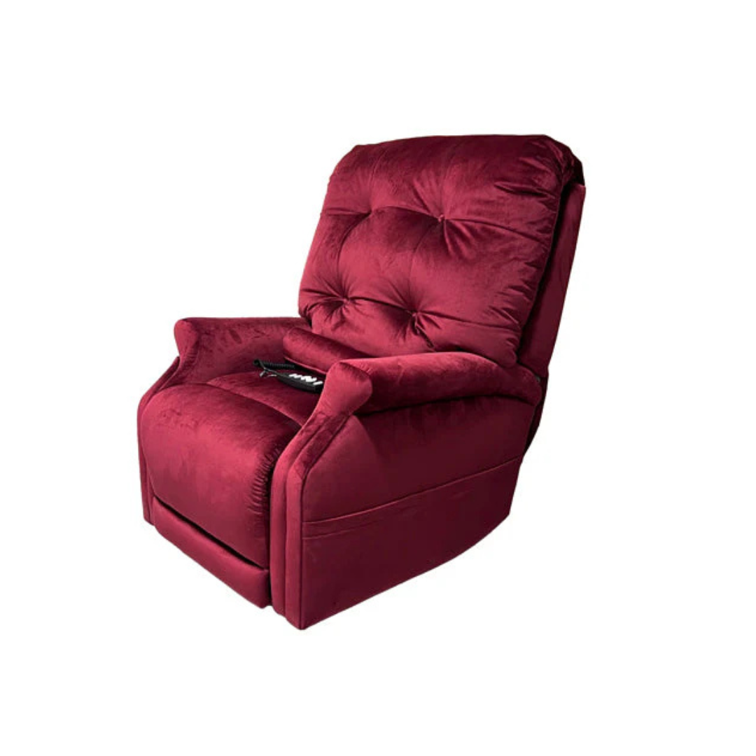 A plush burgundy recliner, the Journey Perfect Sleep Reclining Lift Chair with Heat, is shown against a white background. Featuring a tufted backrest and cushioned armrests, it offers therapeutic heat and massage for ultimate comfort, with a remote control on its seat.